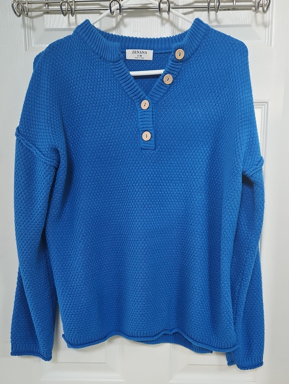 Zenana Outfitters Royal Blue Button-Front Textured Henley Sweater
